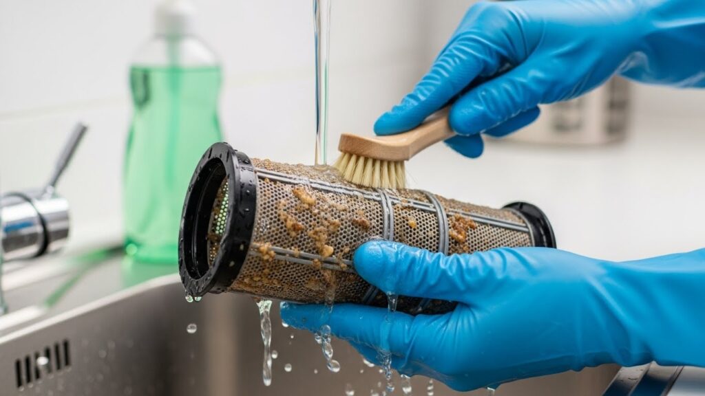 Cleaning a clogged dishwasher filter to fix dishwasher not draining
