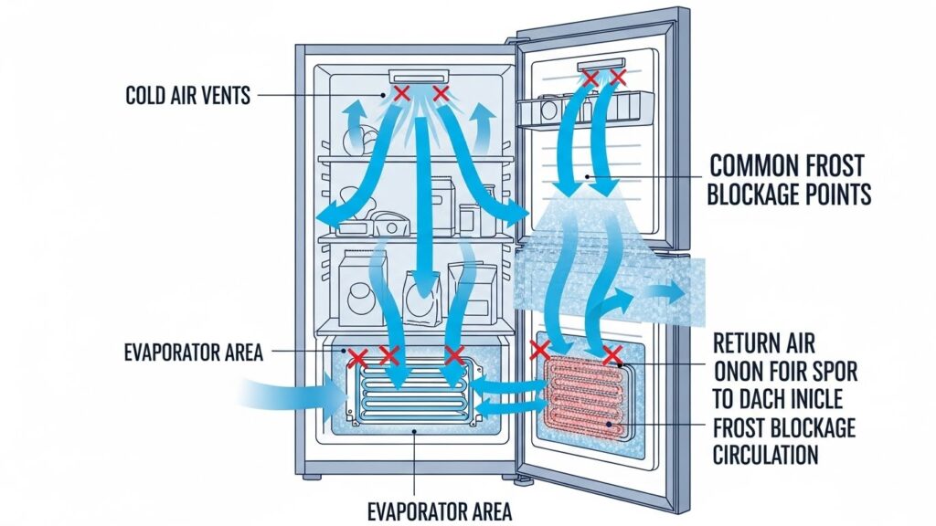 Freezer airflow infographic showing cold air vents, evaporator area, and common frost blockage points