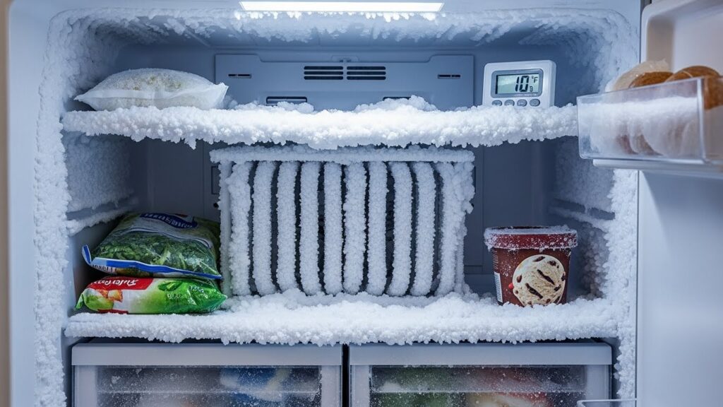 Heavy frost buildup inside a freezer restricting airflow and causing freezer not freezing enough