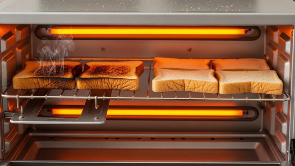 Incorrect rack position causing uneven toaster oven heating