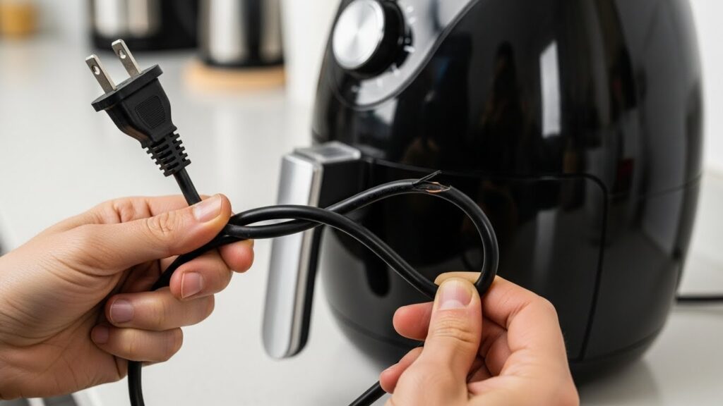 Inspecting air fryer power cord for damage