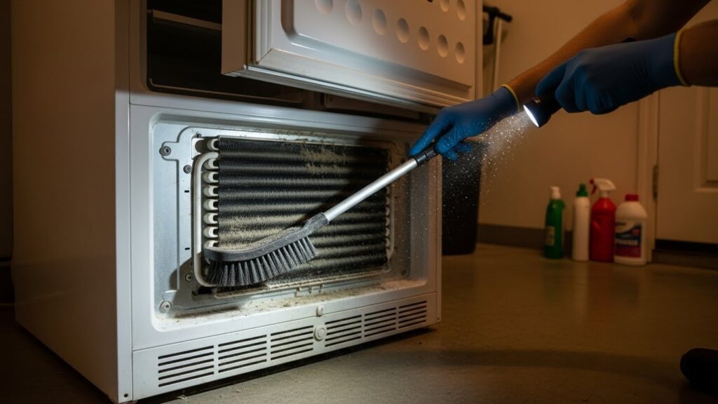 Cleaning freezer condenser coils to restore freezing
