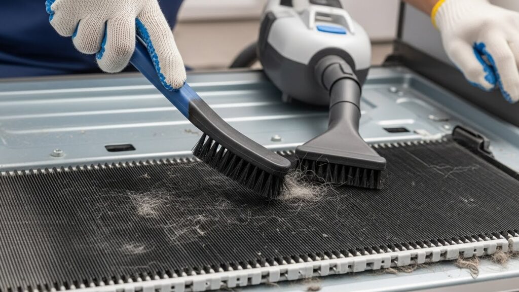 Cleaning refrigerator condenser coils to stabilize temperature