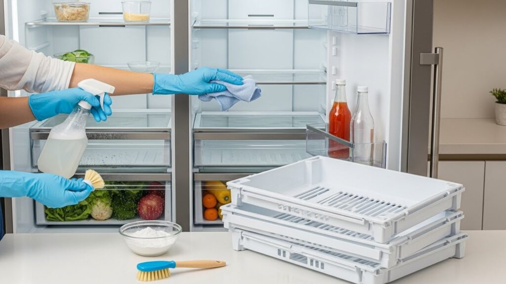 Cleaning refrigerator interior with baking soda solution