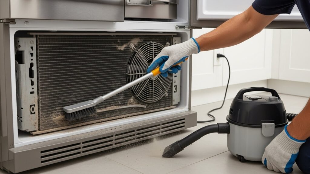 Cleaning refrigerator condenser coils to reduce noise