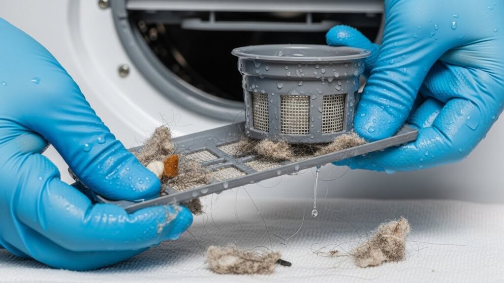 Cleaning washer drain filter with lint and debris removed