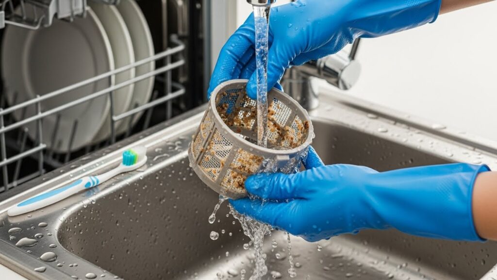 Cleaning dishwasher filter to restore drainage