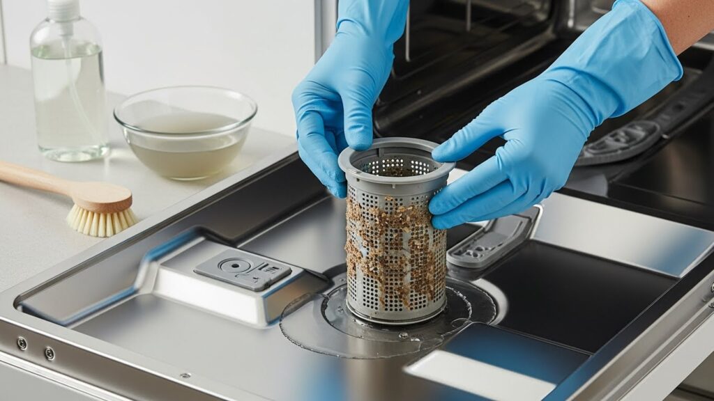 Cleaning dishwasher filter to restore drainage