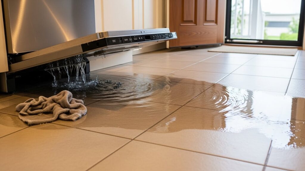 Dishwasher water leaking on floor near front door