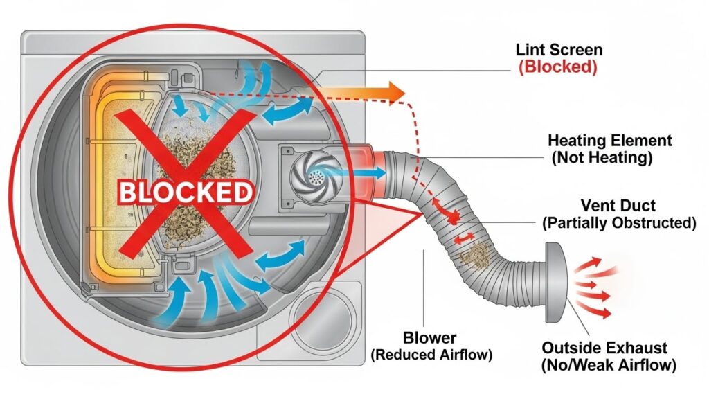 Dryer not heating airflow and heat path infographic