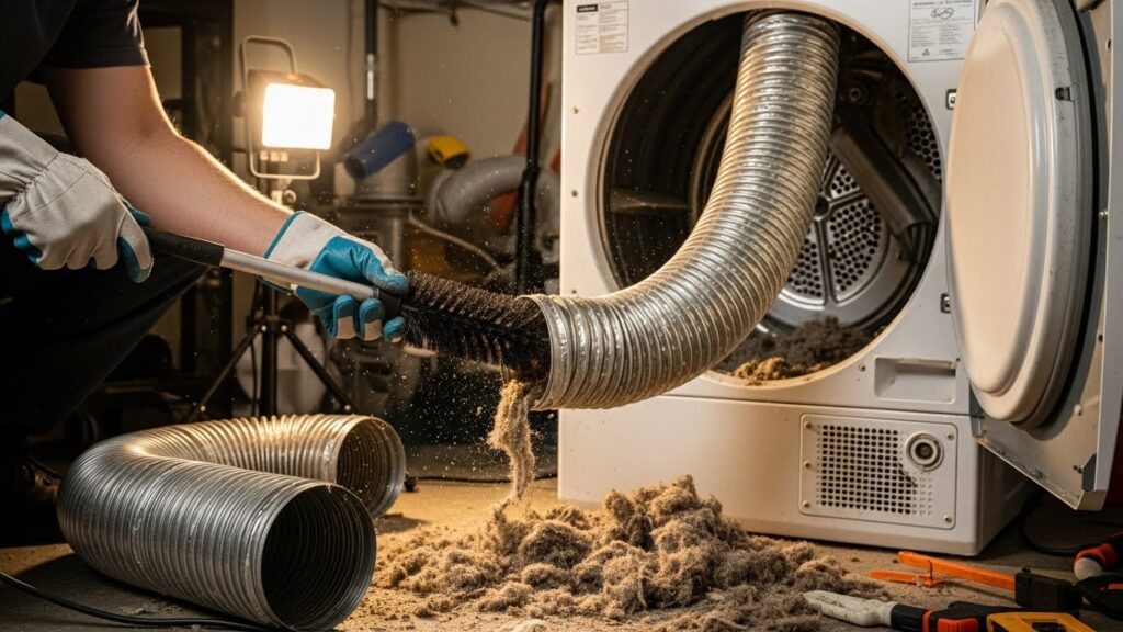 Cleaning a clogged dryer vent to fix dryer not heating