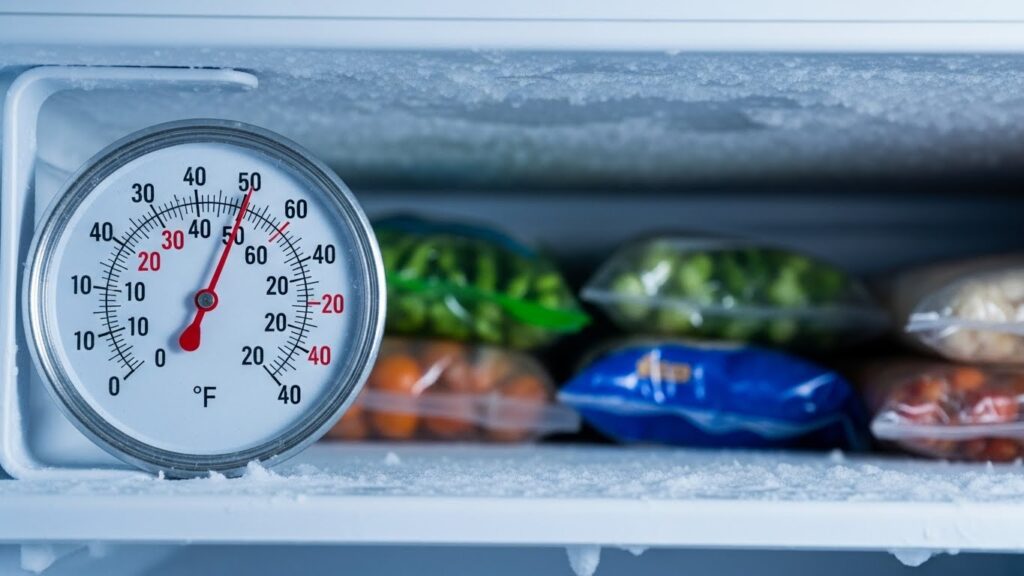Freezer thermometer showing temperature above freezing point