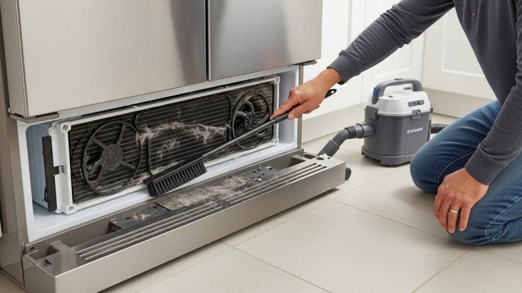 Cleaning refrigerator condenser coils to reduce nonstop running