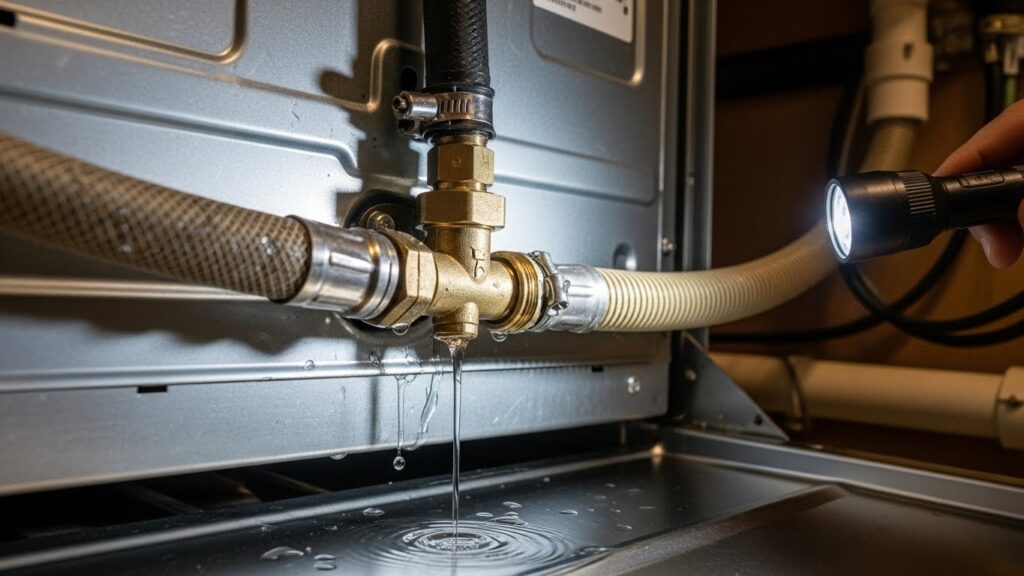 Dishwasher inlet valve and hose leak inspection