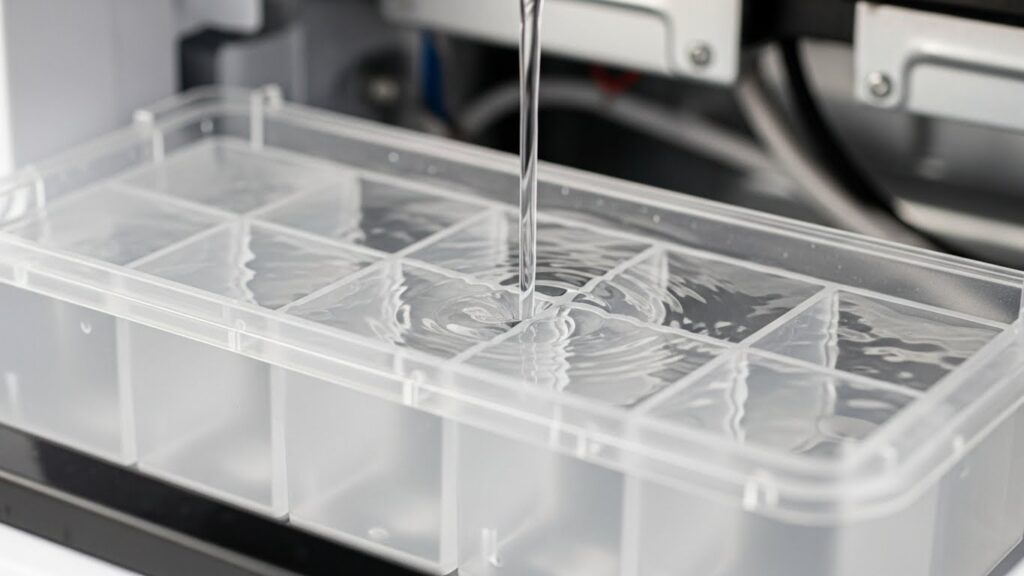 Ice maker tray filling during ice production cycle
