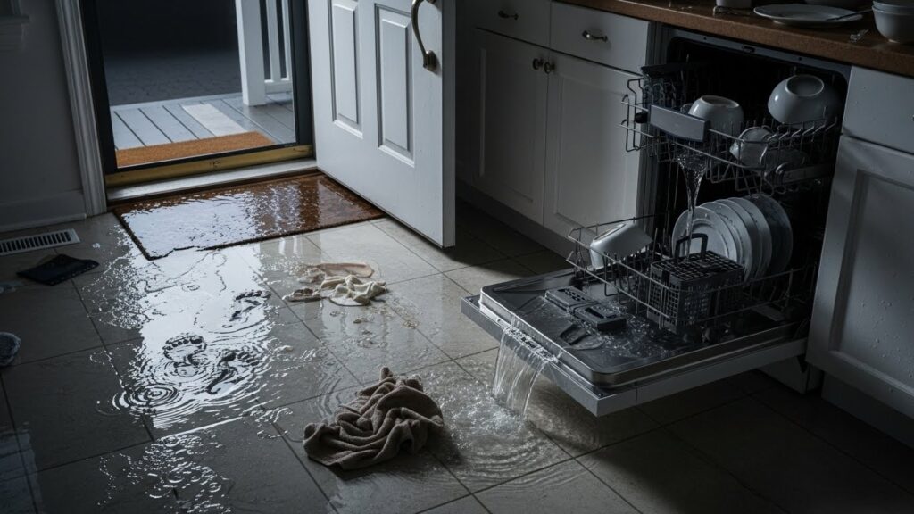 Dishwasher water leaking on floor near front door