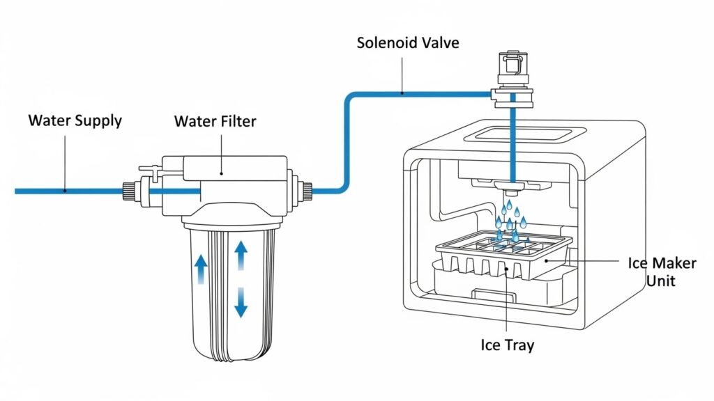 Ice maker water line and filter flow diagram
