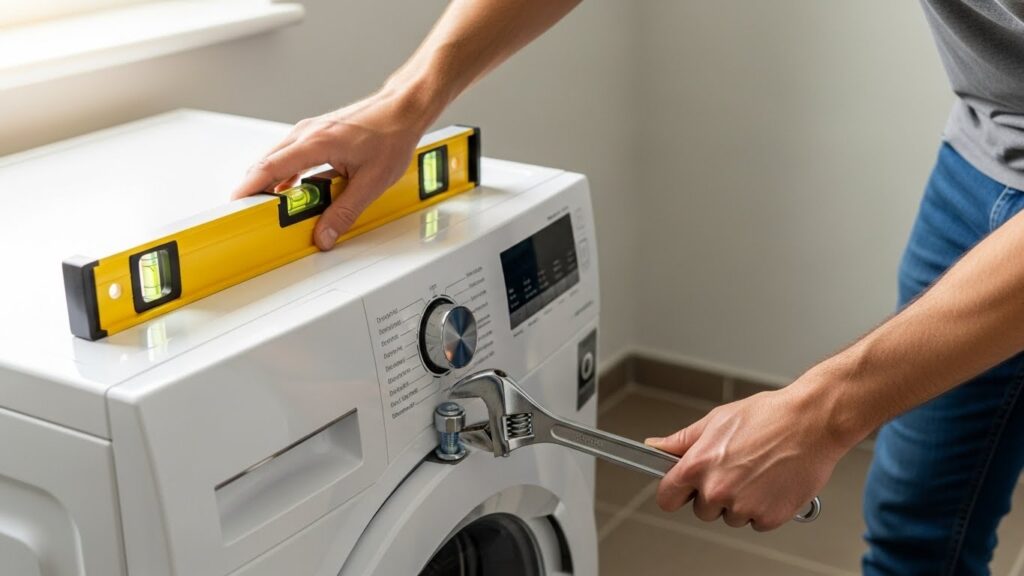 Leveling a washing machine using a bubble level and adjusting the front feet with a wrench
