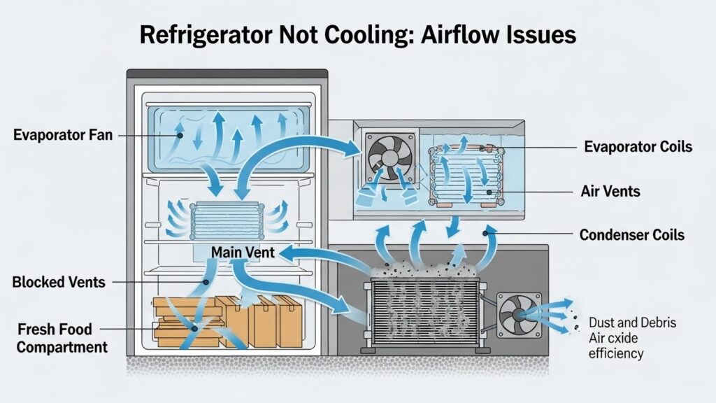 Refrigerator not cooling airflow infographic with vents and coils