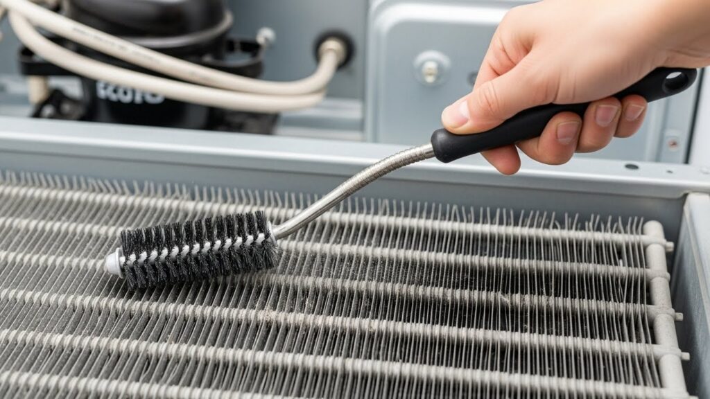 Using a coil brush to clean refrigerator condenser fins