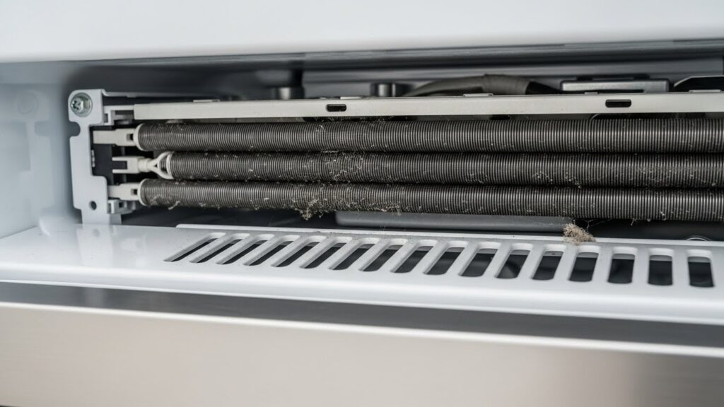 Refrigerator condenser coils located underneath the unit near the front kick plate