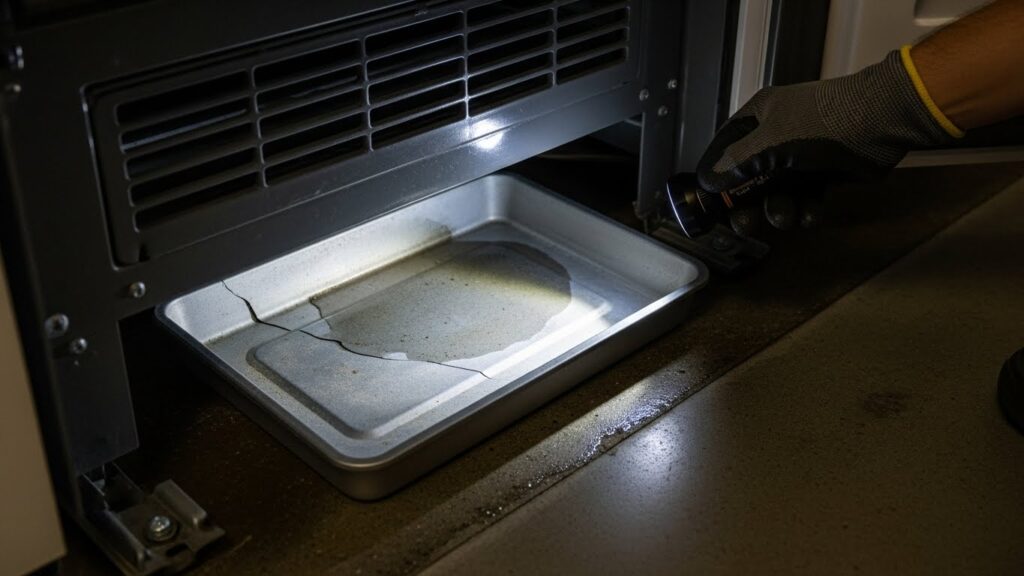 Refrigerator drain pan under unit checked for cracks and overflow