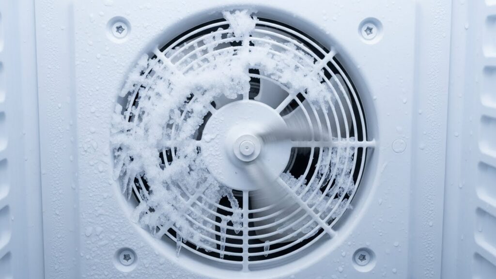 Ice buildup near refrigerator fan causing buzzing noise
