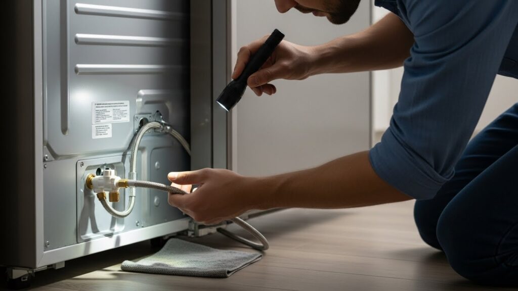 Inspecting refrigerator water supply line and fittings for leaks