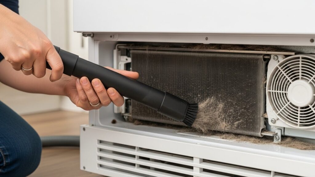 Vacuuming refrigerator condenser coils with a brush attachment to remove dust and pet hair