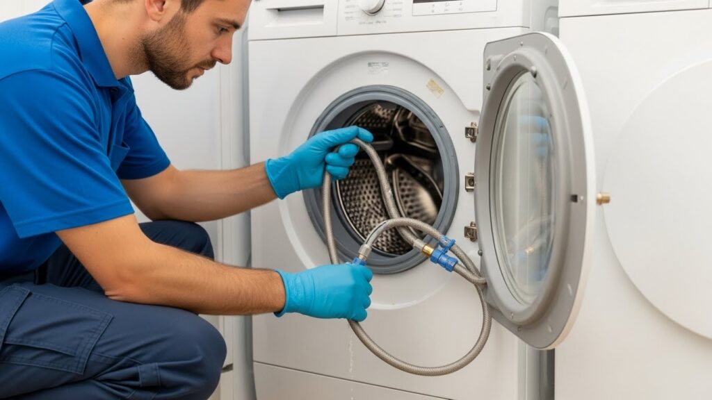 Inspecting washer drain hose for kinks and buildup