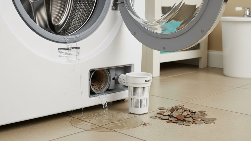 Front load washer not draining due to clogged drain filter coin trap