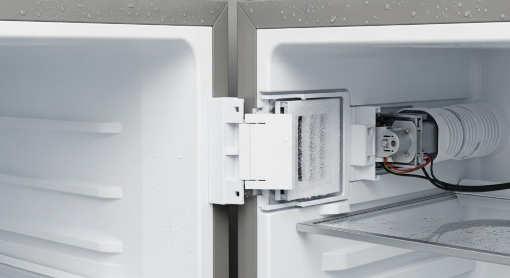 Air damper door stuck closed between freezer and refrigerator compartments, blocking cold airflow into the fresh food section