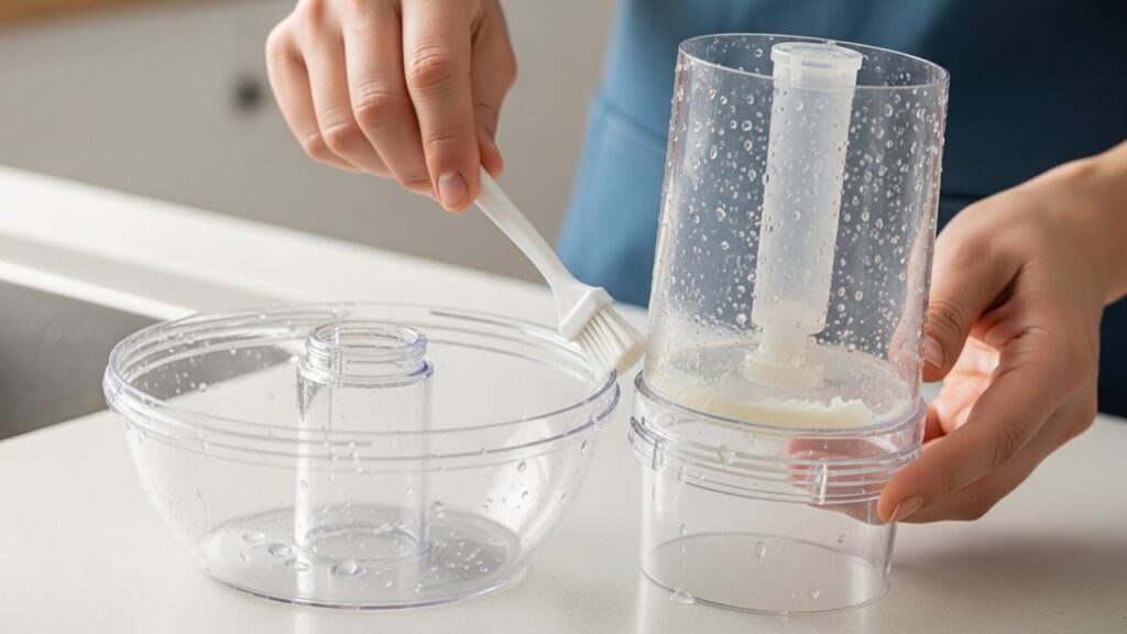 Cleaning a humidifier base and mist chamber gently with a soft brush to remove residue safely