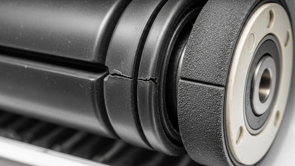 Close-up of dryer drum rollers and idler pulley showing common wear points that cause squealing or thumping