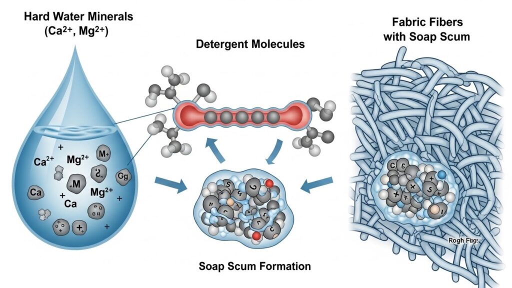 Diagram illustrating how hard water minerals bind with detergent to create soap scum that can cling to fabric fibers