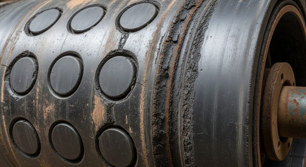 Drum roller or glide wear signs showing flat spots and uneven support that can cause thumping and binding