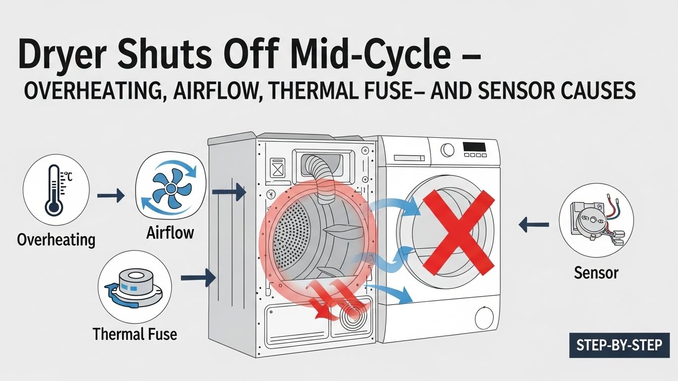 Dryer Shuts Off Mid-Cycle — Overheating, Airflow, Thermal Fuse, and Sensor Causes (Step-by-Step)
