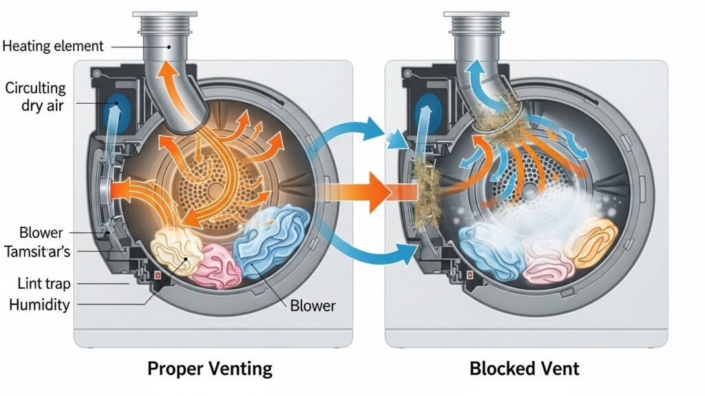 Dryer airflow diagram showing proper venting versus blocked vent causing moisture recirculation