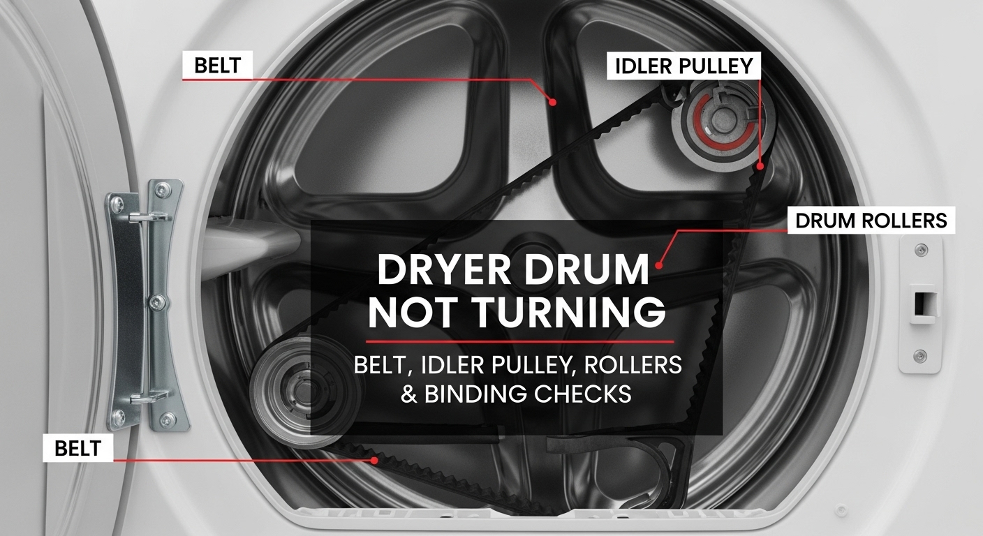 Dryer drum not turning — Belt, idler pulley, drum rollers, and “binding” checks