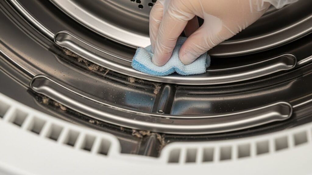 Dryer moisture sensor bars inside the drum area being gently cleaned to improve sensor dry accuracy and reduce false early shutoffs