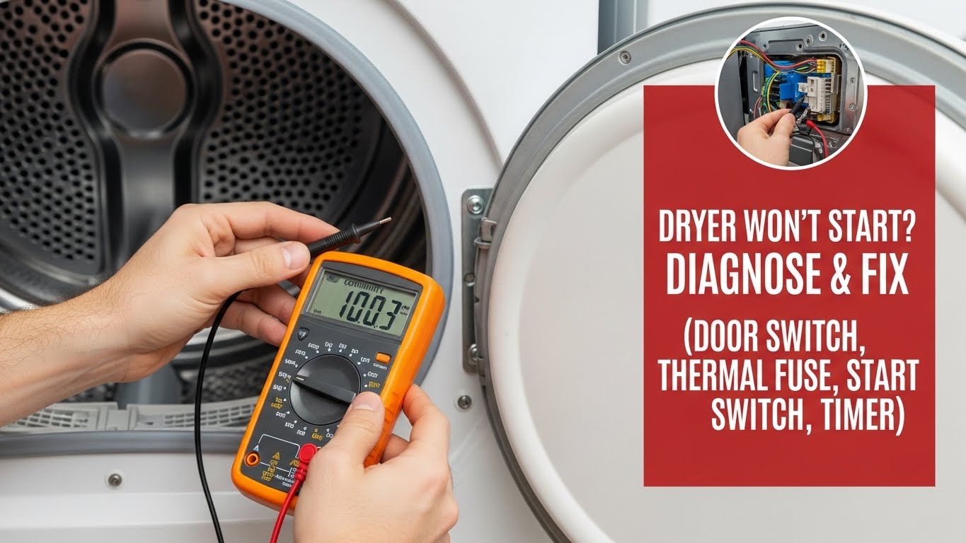 Dryer won’t start but has power — Door switch, thermal fuse, start switch, and timer checks