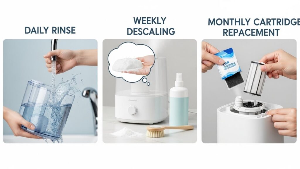 Humidifier cleaning routine to reduce white dust: daily rinse, weekly descaling, monthly cartridge replacement