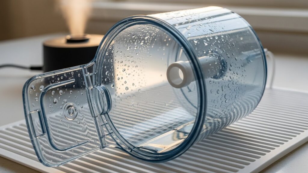 Humidifier tank left open and inverted to air-dry completely after use to prevent standing moisture