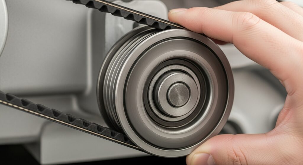 Idler pulley free-spin check showing smooth rotation without grinding and how the pulley maintains belt tension