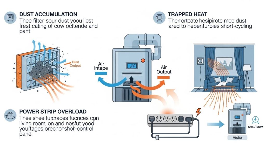 Infographic explaining heater short-cycling airflow stagnation from dust, heat trapped near walls or furniture, and voltage sag from power strips causing automatic shutdown