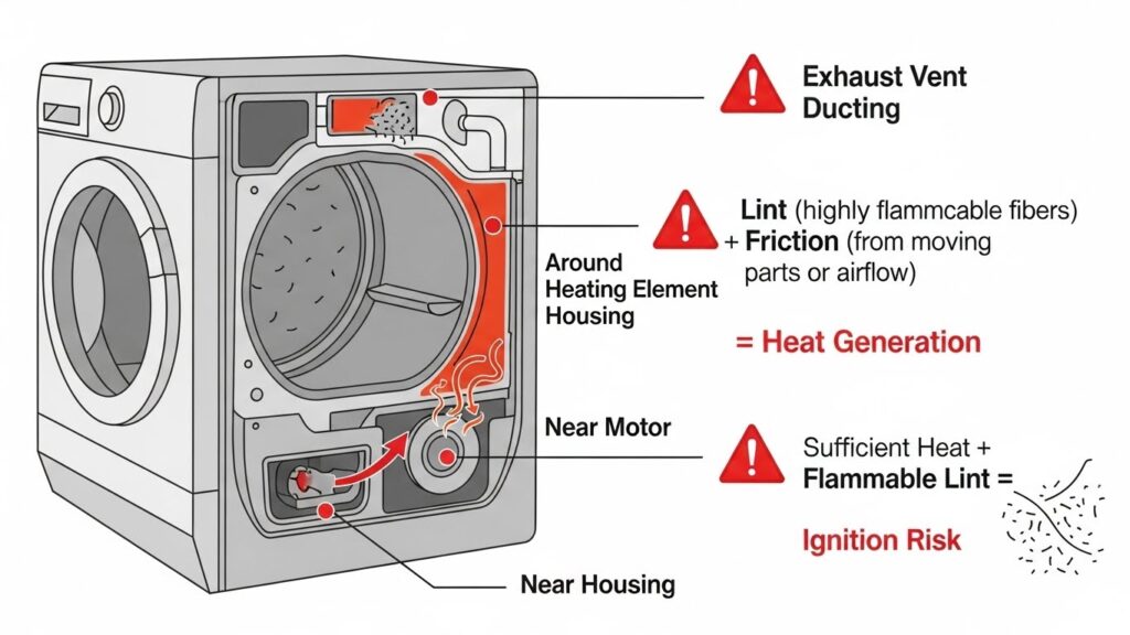 Infographic showing dryer lint buildup risk areas inside cabinet and why friction plus lint can lead to fire hazards