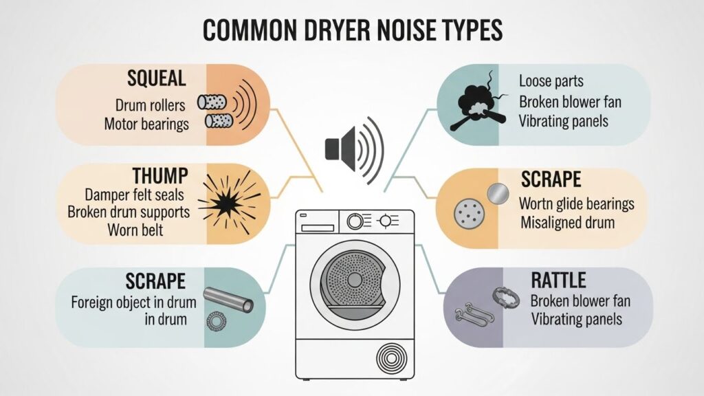Infographic showing dryer noise types (squeal, thump, scrape, rattle) mapped to common failing parts