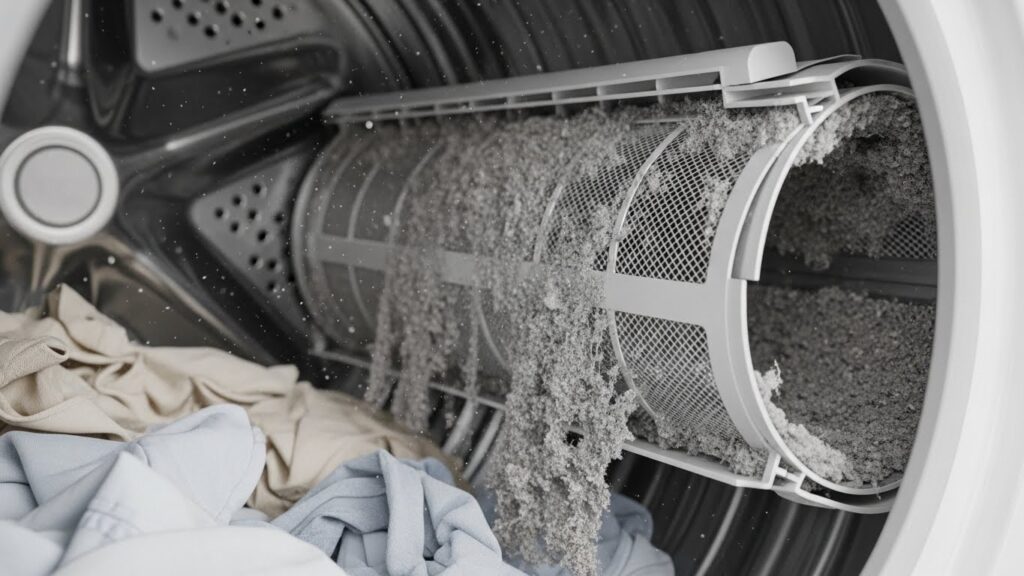 Lint buildup inside the dryer lint filter housing that reduces airflow and causes damp laundry