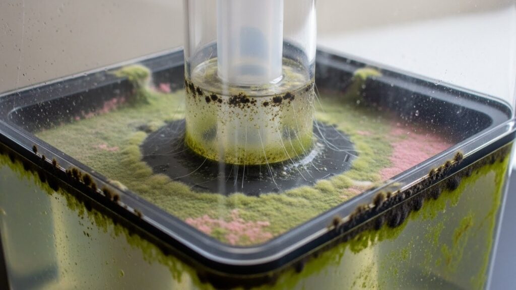 Mold and slimy biofilm starting in a humidifier base and mist chamber rather than the visible tank walls