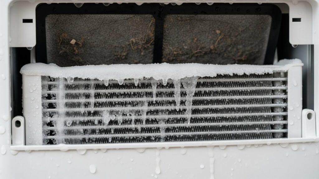 Portable AC evaporator coil freezing due to dirty filter and low airflow